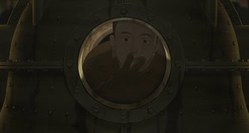 Movie still from “Steamboy” (2004), directed by Shinji Takagi – A man looking through a porthole of a ship; Medium shot, Overhead angle