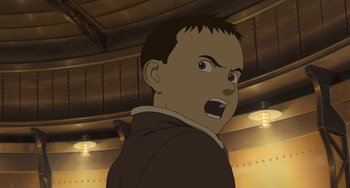 Movie still from “Steamboy” (2004), directed by Shinji Takagi – An animated man with his mouth wide open; Close Up shot, Low angle