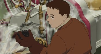 Movie still from “Steamboy” (2004), directed by Shinji Takagi – A cartoon of a man working on an industrial machine; Medium shot, High angle