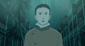 Movie still from “Steamboy” (2004), directed by Shinji Takagi – A man with a surprised look on his face in front of an aquarium; Close Up shot, High angle