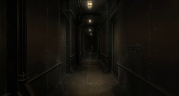 Movie still from “Steamboy” (2004), directed by Shinji Takagi – A dark hallway with a light on the ceiling; Extreme Wide shot, High angle