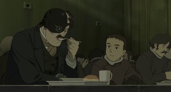 Movie still from “Steamboy” (2004), directed by Shinji Takagi – An old man and a young boy are sitting at a dinner table; Close Up shot, Over the shoulder angle
