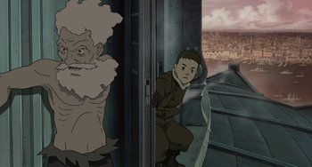 Movie still from “Steamboy” (2004), directed by Shinji Takagi – An animated scene of a boy and a troll; Medium shot, High angle