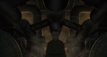 Movie still from “Steamboy” (2004), directed by Shinji Takagi – A man standing in a room with pipes in the background; Wide shot, High angle