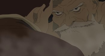 Movie still from “Steamboy” (2004), directed by Shinji Takagi – An old man with long white beard looking at the camera; Extreme Close Up shot, Over the shoulder angle