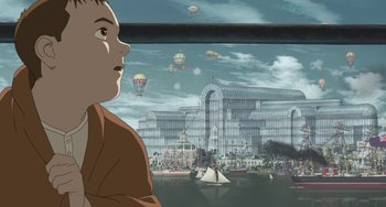 Movie still from “Steamboy” (2004), directed by Shinji Takagi – A boy looking out of a window at an amusement park; Medium shot, Low angle