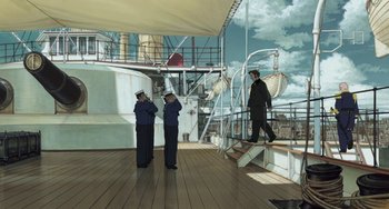Movie still from “Steamboy” (2004), directed by Shinji Takagi – A painting of two men on a boat; Wide shot, High angle