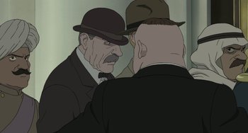 Movie still from “Steamboy” (2004), directed by Shinji Takagi – An old man in a hat and a man in a suit looking at him in the mirror; Close Up shot, Over the shoulder angle