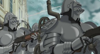 Movie still from “Steamboy” (2004), directed by Shinji Takagi – An image of a group of people that are standing in a row; Wide shot, Low angle