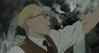 Movie still from “Steamboy” (2004), directed by Shinji Takagi – A man in a suit and tie holding a gun in his hand; Close Up shot, Low angle