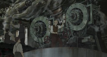 Movie still from “Steamboy” (2004), directed by Shinji Takagi – A man standing in front of an industrial machine; Wide shot, Low angle