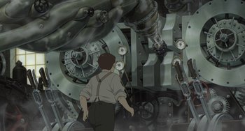 Movie still from “Steamboy” (2004), directed by Shinji Takagi – A man standing in front of an industrial machine; Wide shot, High angle