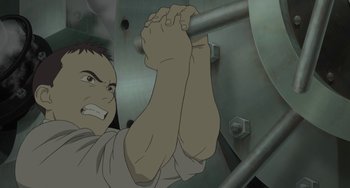 Movie still from “Steamboy” (2004), directed by Shinji Takagi – A man is pulling on a bar in a gym; Medium shot, High angle