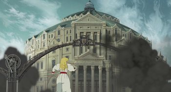 Movie still from “Steamboy” (2004), directed by Shinji Takagi – An image of a woman standing in front of a building; Extreme Wide shot, Low angle