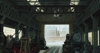 Movie still from “Steamboy” (2004), directed by Shinji Takagi – A train station with a train on the tracks; Extreme Wide shot, High angle