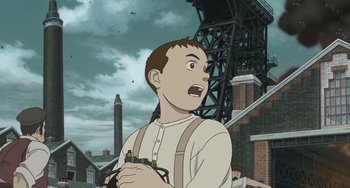 Movie still from “Steamboy” (2004), directed by Shinji Takagi – An animated picture of a man holding a camera; Medium shot, Low angle