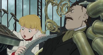 Movie still from “Steamboy” (2004), directed by Shinji Takagi – A man and a child in a room with a clock tower; Medium shot, Low angle