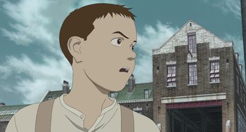 Movie still from “Steamboy” (2004), directed by Shinji Takagi – An animated boy is looking up at the sky; Close Up shot, Low angle