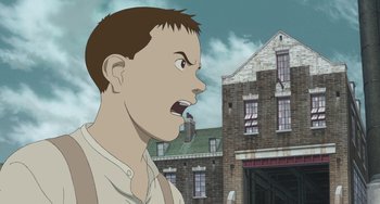 Movie still from “Steamboy” (2004), directed by Shinji Takagi – An animated man with his mouth wide open; Close Up shot, Low angle