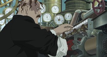 Movie still from “Steamboy” (2004), directed by Shinji Takagi – A man in a black suit and white shirt holding a wrench in front of a machine with gauges on it; Medium shot, Low angle