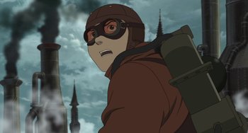 Movie still from “Steamboy” (2004), directed by Shinji Takagi – An animated character with a helmet and a backpack; Medium shot, Low angle