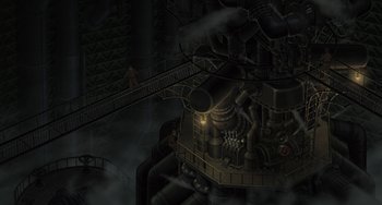 Movie still from “Steamboy” (2004), directed by Shinji Takagi – An image of an industrial setting with a man in the background; Extreme Wide shot, High angle