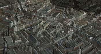 Movie still from “Steamboy” (2004), directed by Shinji Takagi – An aerial view of a city with many buildings; Extreme Wide shot, Overhead angle