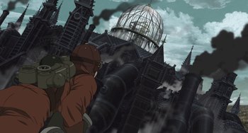 Movie still from “Steamboy” (2004), directed by Shinji Takagi – A man standing in front of a building with a cage on top of it; Wide shot, Low angle