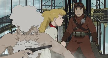 Movie still from “Steamboy” (2004), directed by Shinji Takagi – A group of people standing next to each other in a room; Medium shot, Over the shoulder angle