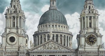 Movie still from “Steamboy” (2004), directed by Shinji Takagi – A painting of a large building with a sky background; Extreme Wide shot, Low angle