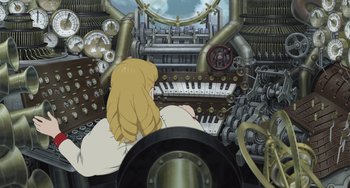 Movie still from “Steamboy” (2004), directed by Shinji Takagi – An animated scene of a woman playing a piano; Medium shot, High angle