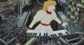 Movie still from “Steamboy” (2004), directed by Shinji Takagi – An animated scene of a woman playing a keyboard; Medium shot, High angle