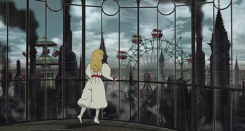 Movie still from “Steamboy” (2004), directed by Shinji Takagi – A woman in a white dress looking at a ferris wheel through a window; Wide shot, High angle