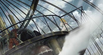 Movie still from “Steamboy” (2004), directed by Shinji Takagi – A view from below of a building with a sky background; Extreme Wide shot, Low angle