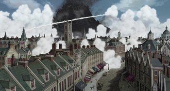 Movie still from “Steamboy” (2004), directed by Shinji Takagi – An illustration of a city with smoke billowing out of the sky; Extreme Wide shot, High angle
