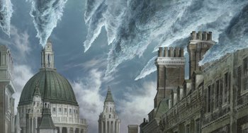 Movie still from “Steamboy” (2004), directed by Shinji Takagi – An illustration of a city with a giant wave coming from it; Extreme Wide shot, Low angle