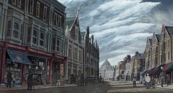 Movie still from “Steamboy” (2004), directed by Shinji Takagi – An oil painting of an old city street; Extreme Wide shot, High angle