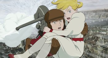 Movie still from “Steamboy” (2004), directed by Shinji Takagi – Two people are fighting in the snow; Medium shot, Overhead angle