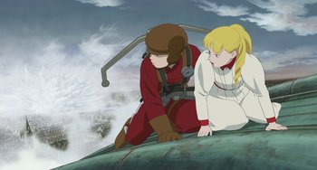 Movie still from “Steamboy” (2004), directed by Shinji Takagi – A couple of people sitting on top of an airplane; Medium shot, Low angle