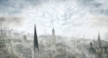 Movie still from “Steamboy” (2004), directed by Shinji Takagi – An artistic painting of a town with a church steeple in the foreground; Extreme Wide shot, Overhead angle