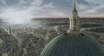 Movie still from “Steamboy” (2004), directed by Shinji Takagi – An aerial view of a large city with a dome; Extreme Wide shot, High angle