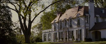 Movie still from “Stoker” (2013), directed by Park Chan-wook – A large white house sitting next to a tree; Extreme Wide shot, Low angle