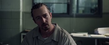 Movie still from “Stone” (2010), directed by John Curran – A person wearing a shirt and tie; Close Up shot, Over the shoulder angle