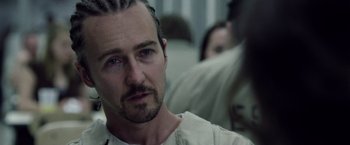 Movie still from “Stone” (2010), directed by John Curran – A person wearing a white shirt; Close Up shot, Over the shoulder angle