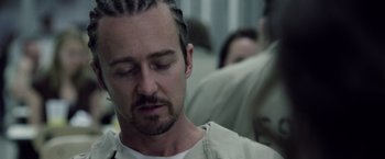 Movie still from “Stone” (2010), directed by John Curran – A person with his eyes closed; Close Up shot, Low angle