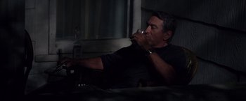 Movie still from “Stone” (2010), directed by John Curran – A man sitting at a table drinking a glass of wine; Medium shot, High angle