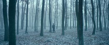 Movie still from “All Quiet on the Western Front” (2022), directed by Edward Berger – A man walking through a forest on a foggy day; Extreme Wide shot, High angle