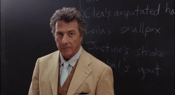 Movie still from “Stranger Than Fiction” (2006), directed by Marc Forster – A man wearing a suit and tie standing in front of a chalkboard; Close Up shot, Over the shoulder angle