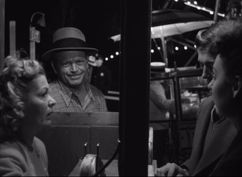 Movie still from “Strangers on a Train” (1951), directed by Alfred Hitchcock – A black and white photo of a man and two women; Medium shot, Over the shoulder angle