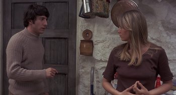Movie still from “Straw Dogs” (1971), directed by Sam Peckinpah – Two people standing in front of each other in front of a wall; Medium shot, Over the shoulder angle